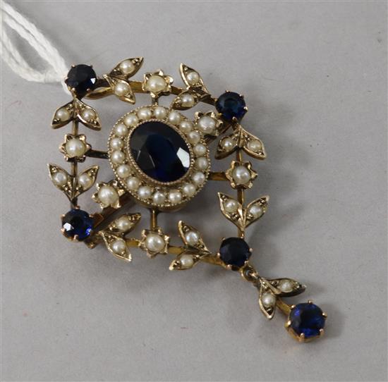 A gold, seed pearl and blue paste? set pendant brooch, 1.75in.